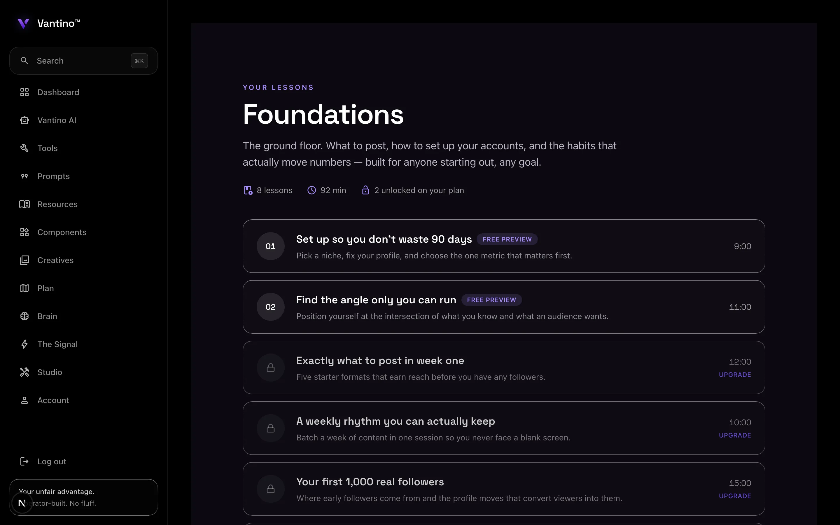 Vantino lessons — the Foundations path: 8 numbered lessons with durations, free previews up front, and locked lessons showing which plan unlocks them