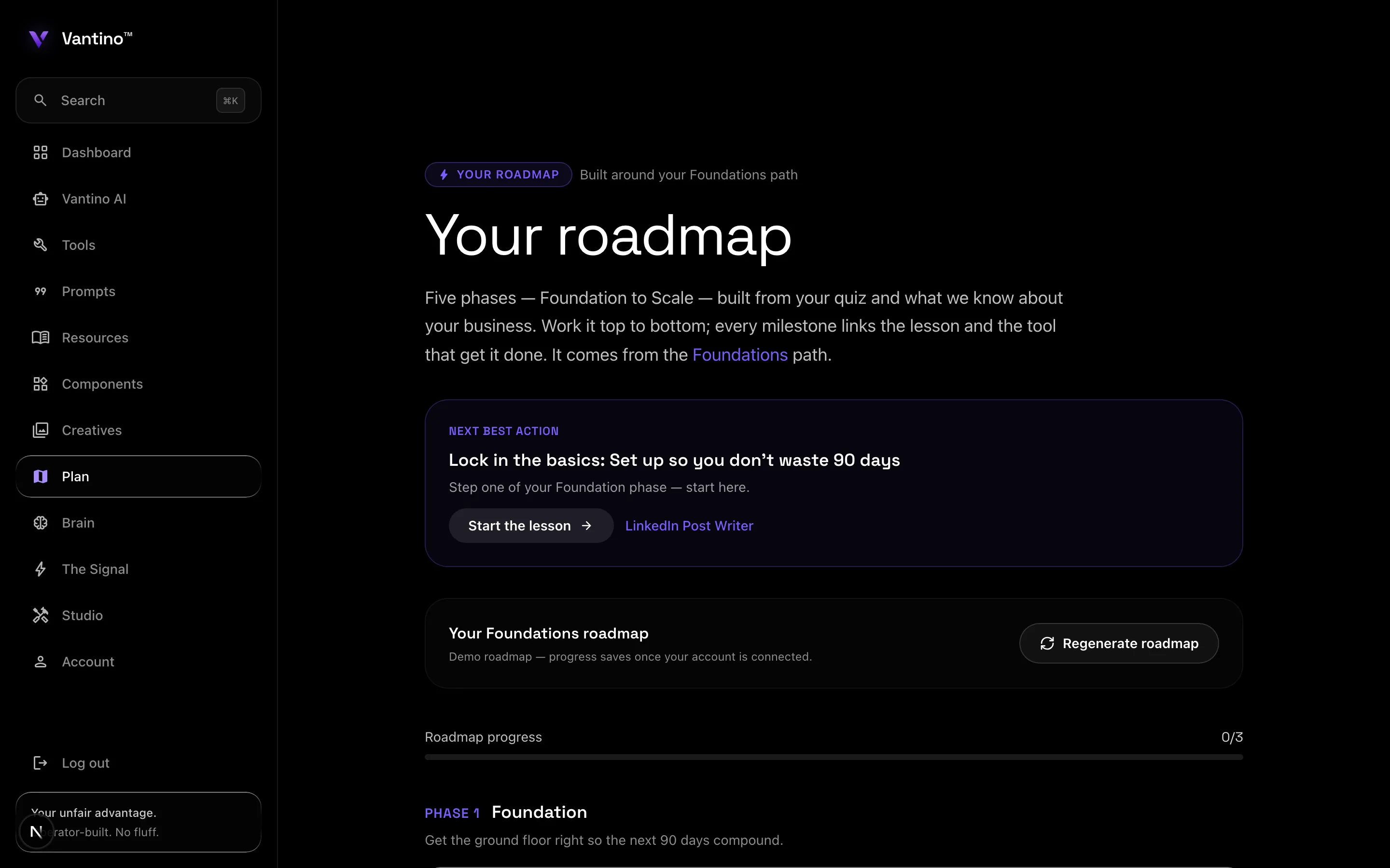 Vantino roadmap — five phases from Foundation to Scale with the next best action pinned on top, linked lessons and tools, and a regenerate-roadmap button