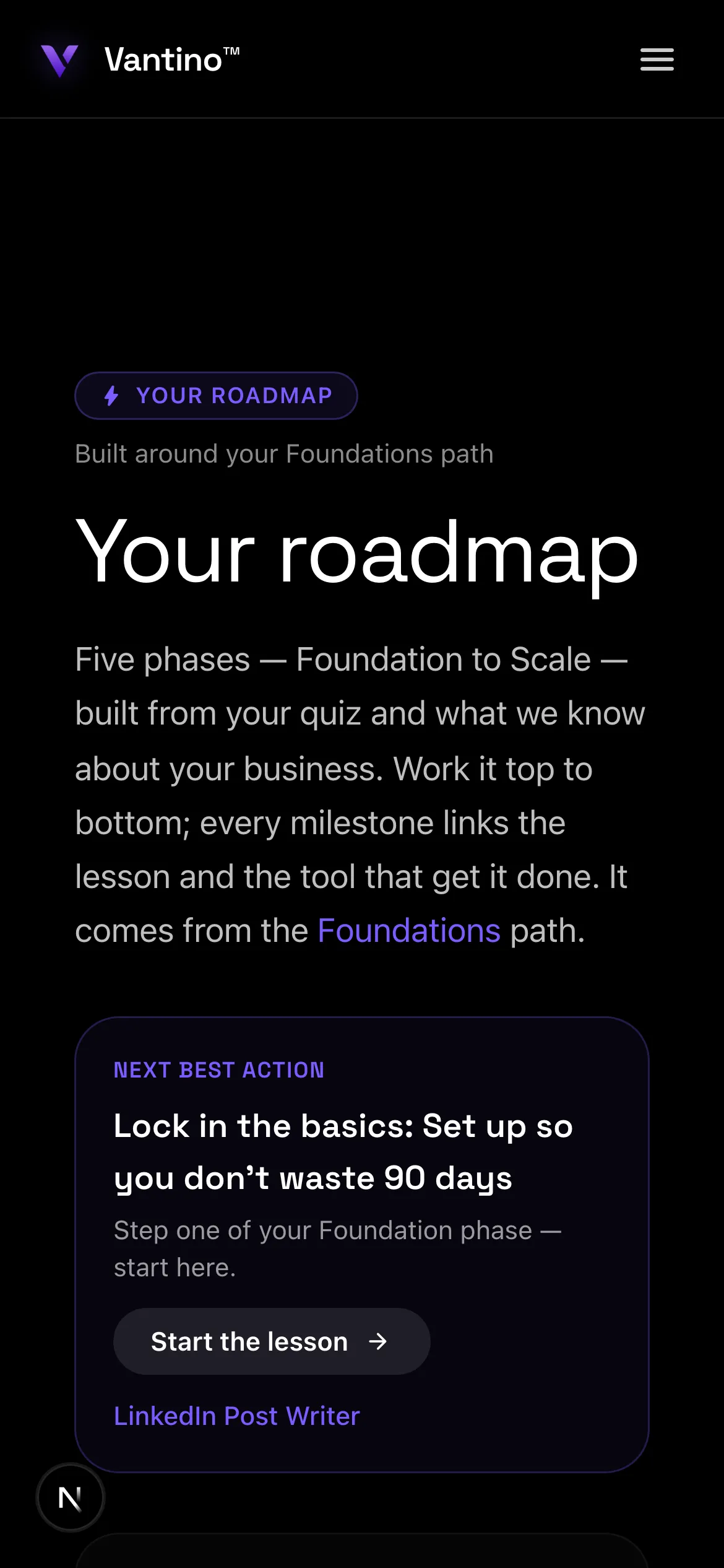 Vantino roadmap on a phone — the next best action card and phase list