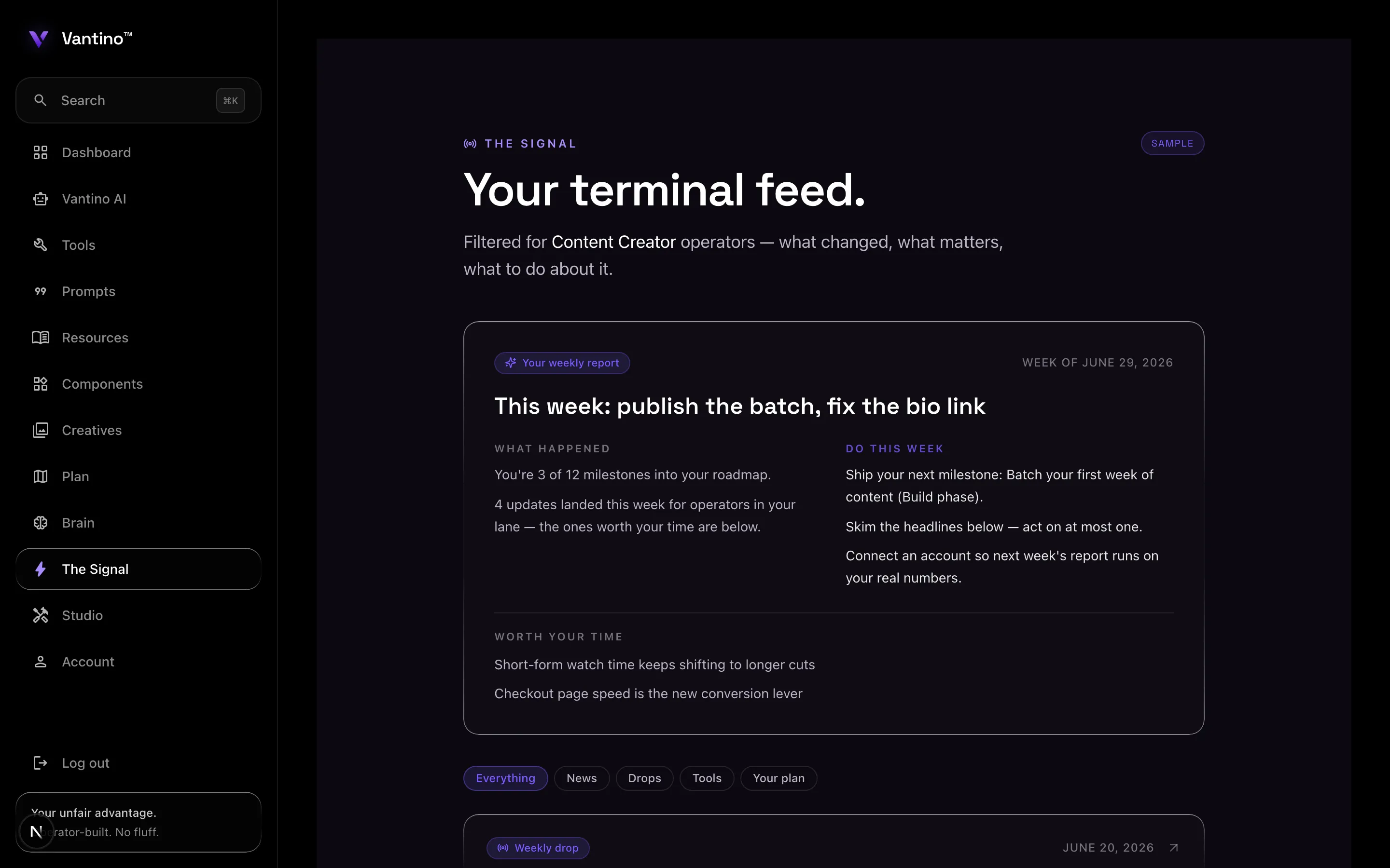 The Signal — a weekly report filtered for your lane with what happened, do this week, and worth your time, above a feed of news, drops, and tool updates