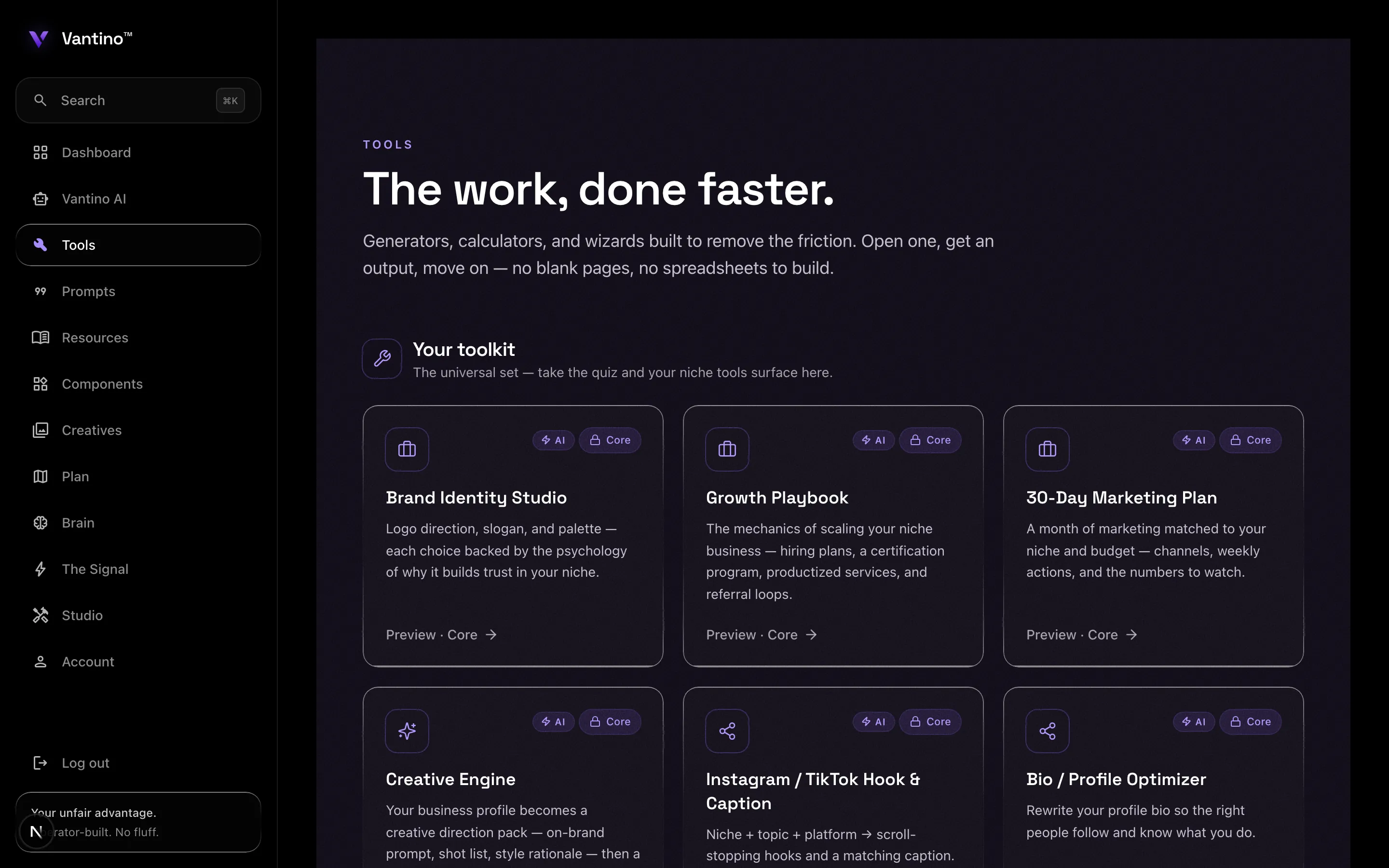 Vantino tools library — Brand Identity Studio, Growth Playbook, 30-Day Marketing Plan, Creative Engine, hook and caption generators, and a bio optimizer, each labeled AI with its tier