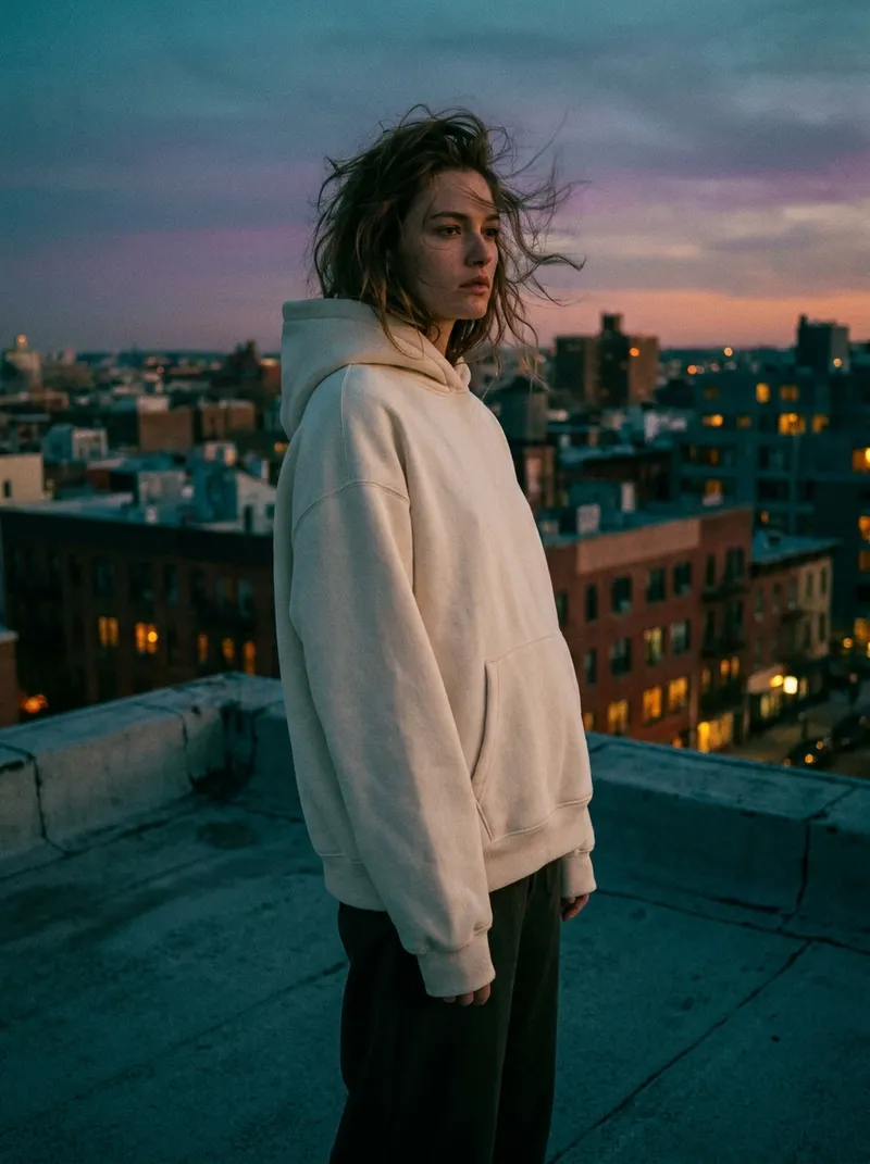 Fashion campaign photo — cream hoodie on a rooftop at dusk