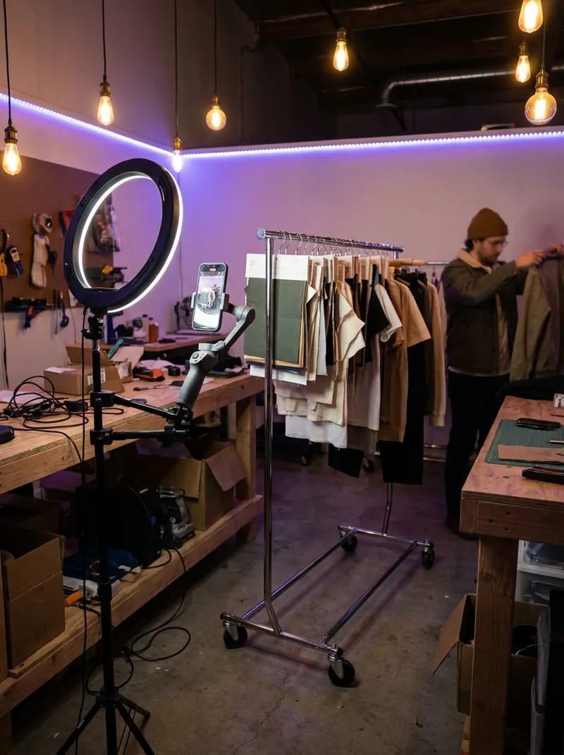 Behind the scenes — ring light and gimbal filming an apparel rack