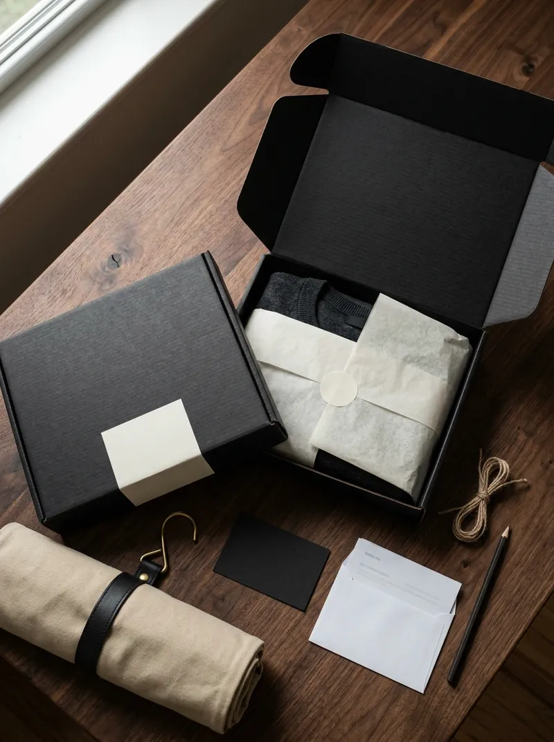 Unboxing flat lay — matte black mailer with tissue-wrapped apparel