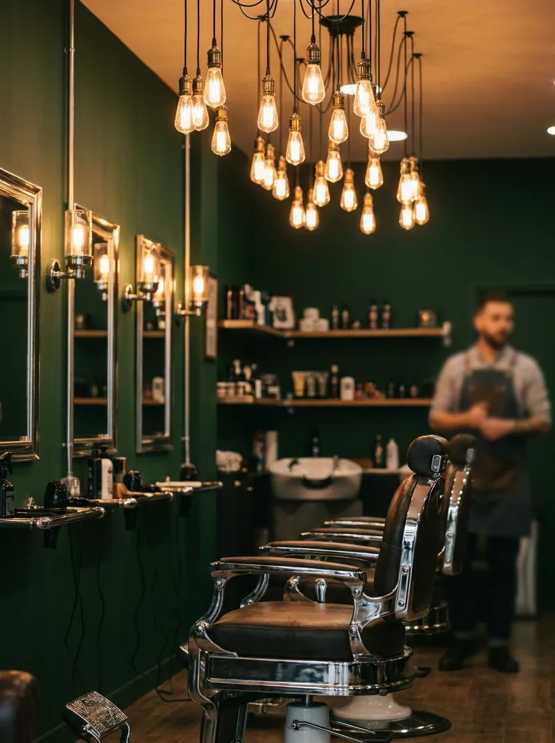 Barbershop interior — chair under warm Edison bulbs