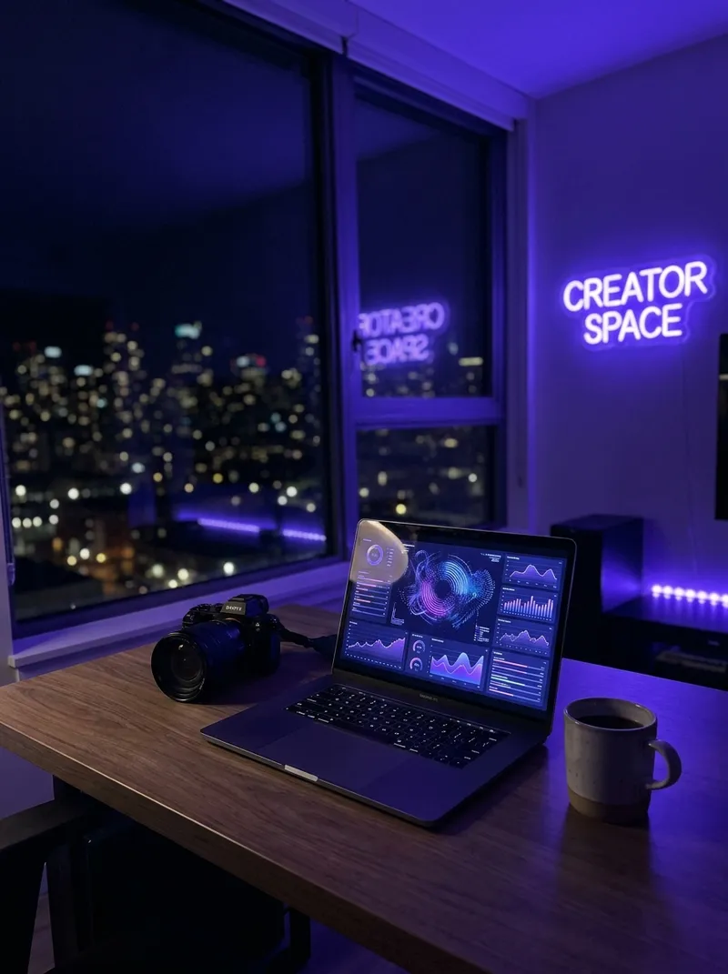 Creator workspace at night — laptop with violet analytics glow