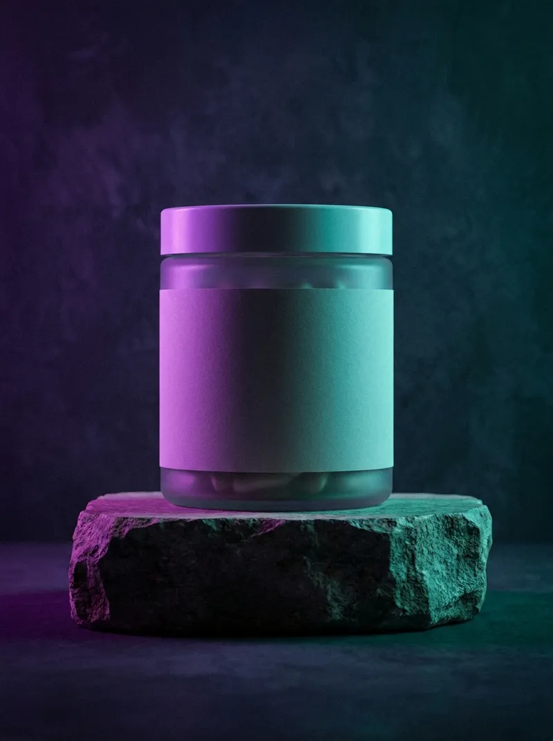 DTC product shot — supplement jar in split violet and teal light